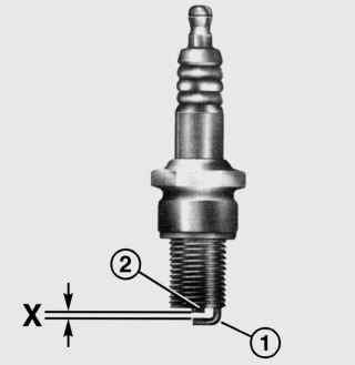 Место измерения межэлектродного зазора (Х) свечи зажигания между центральным (2) и боковым (1) электродами